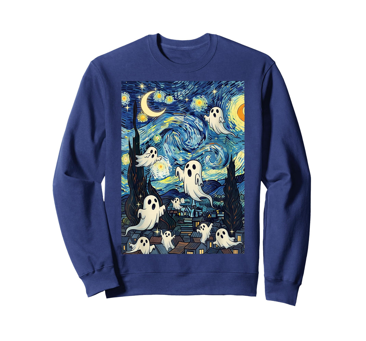 Spooky Ghosts in Starry Night Art Van Gogh Halloween Fun T-Shirt