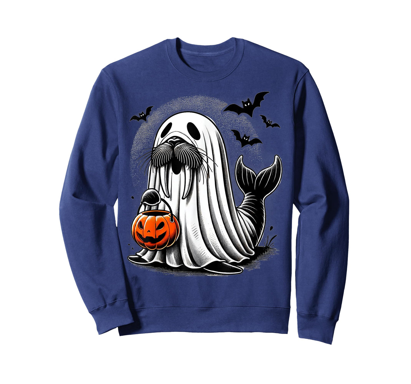 Funny Halloween Seal Ghost Costume Walrus Holding Pumpkin T-Shirt
