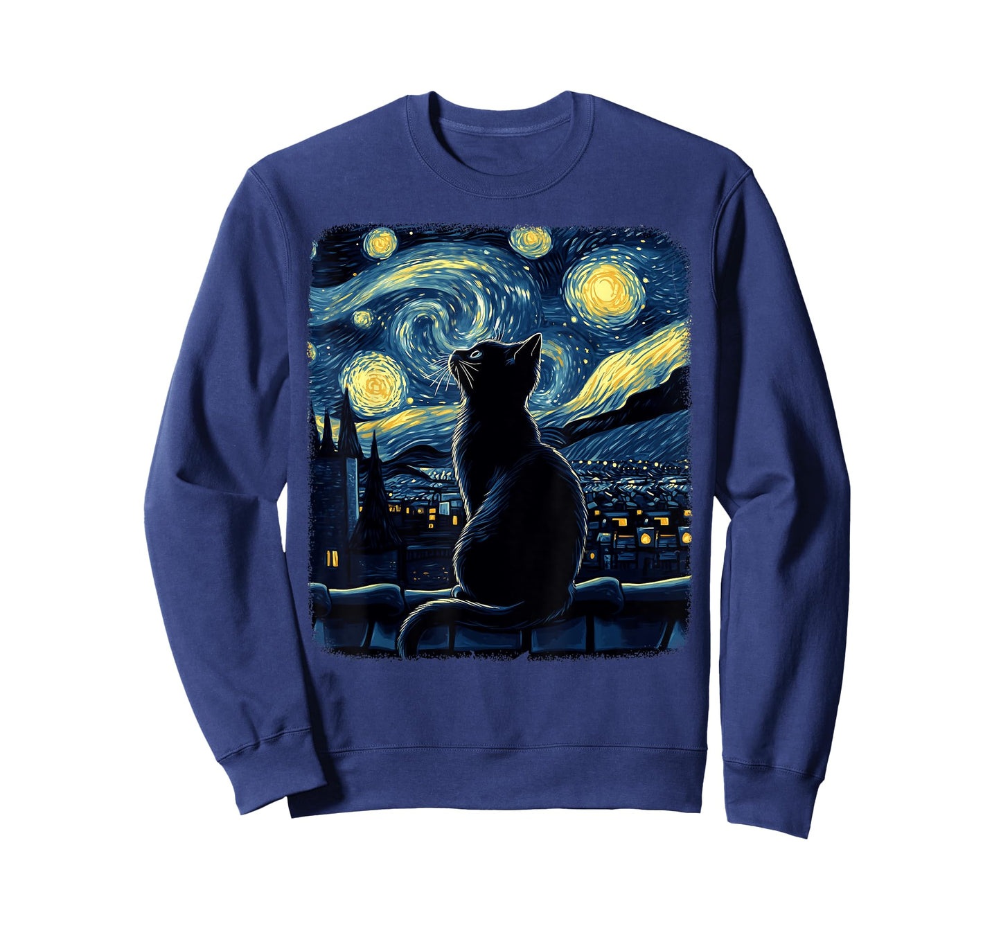 Halloween Van Gogh Starry Night Painting Black Cat Kitten T-Shirt for Men Women Kids