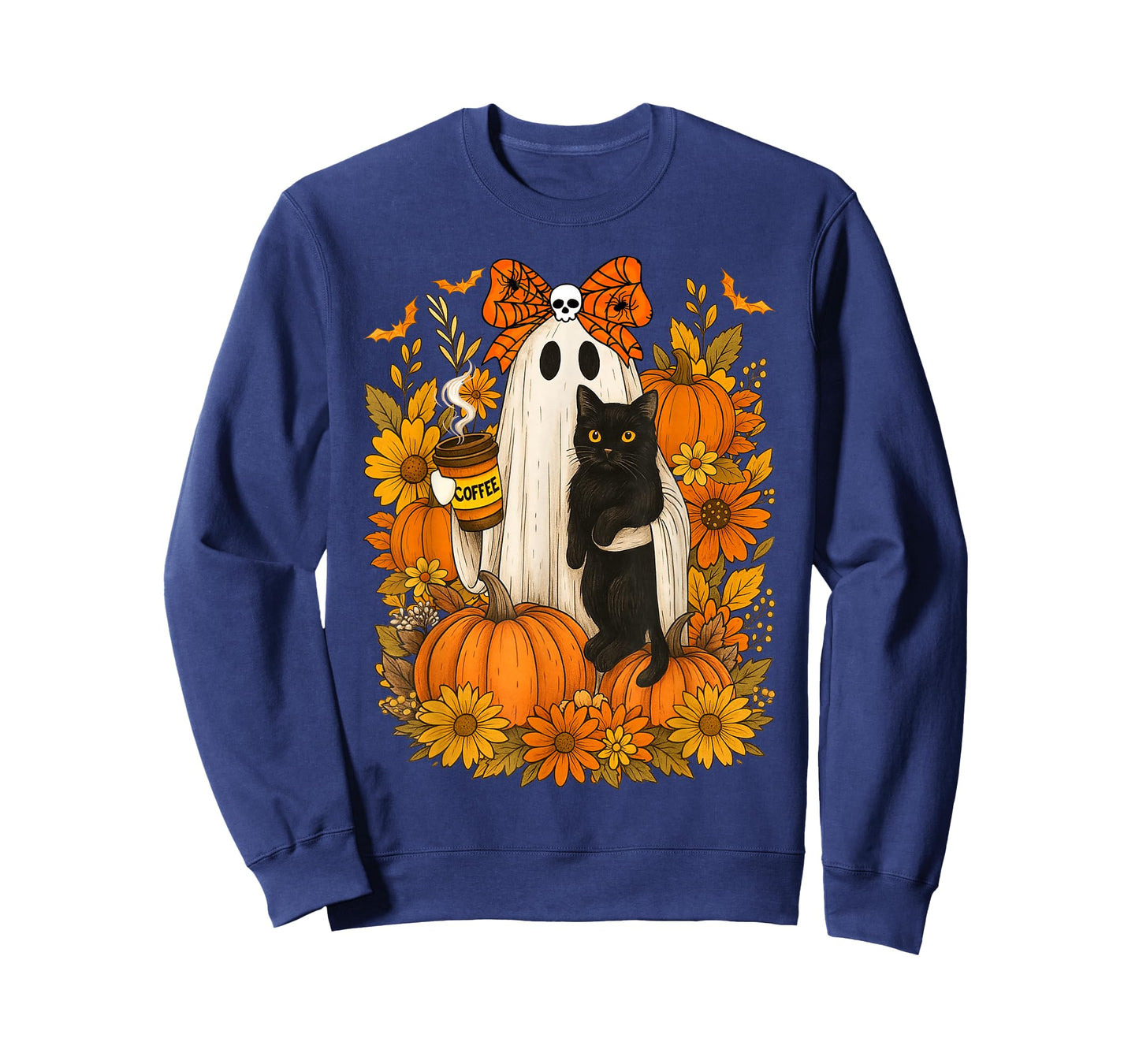Vintage Halloween Ghost Holding Black Cat Groovy Floral T-Shirt