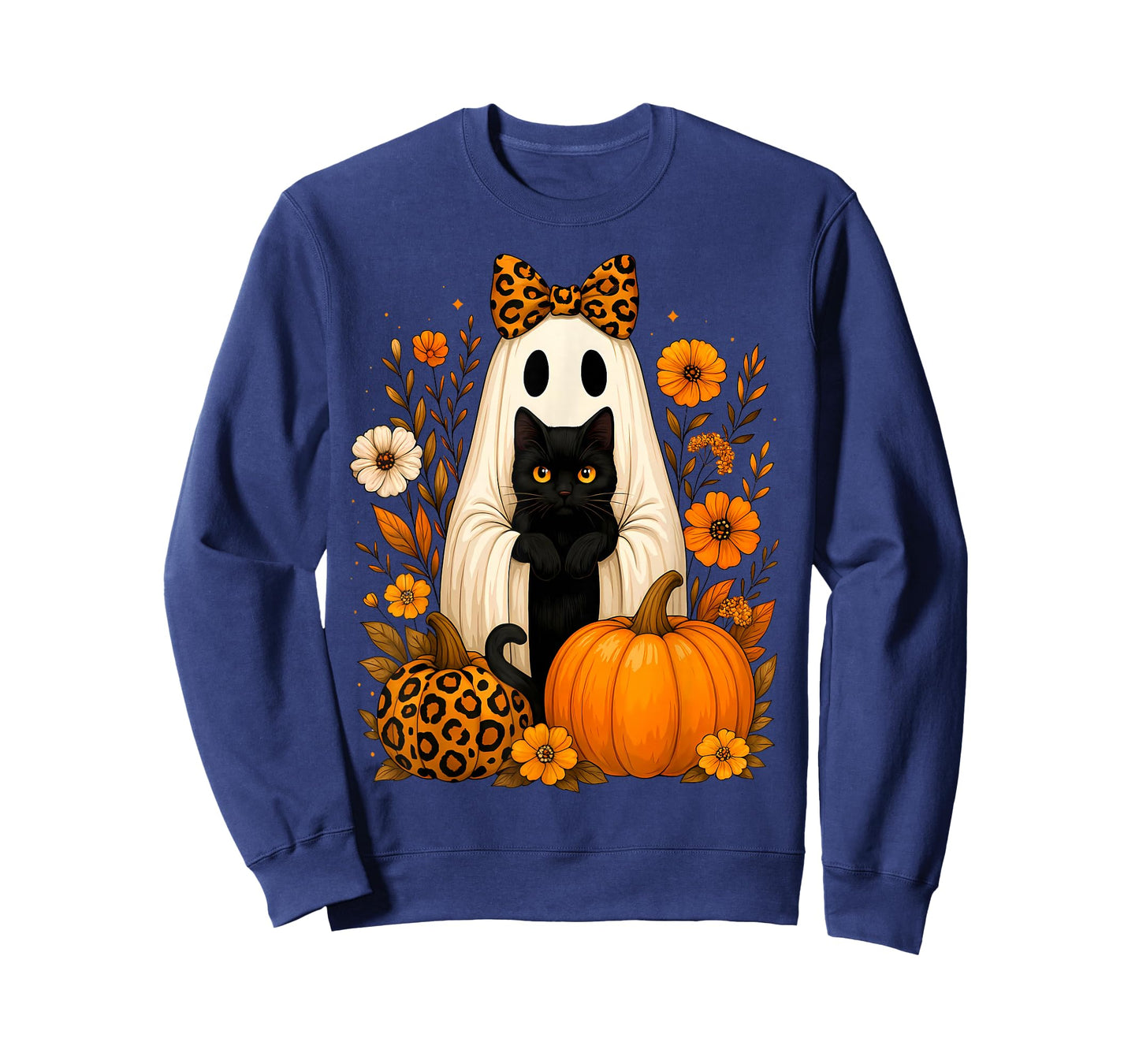 Ghost Holding Black Cat Leopard Print Autumn Halloween Women T-Shirt