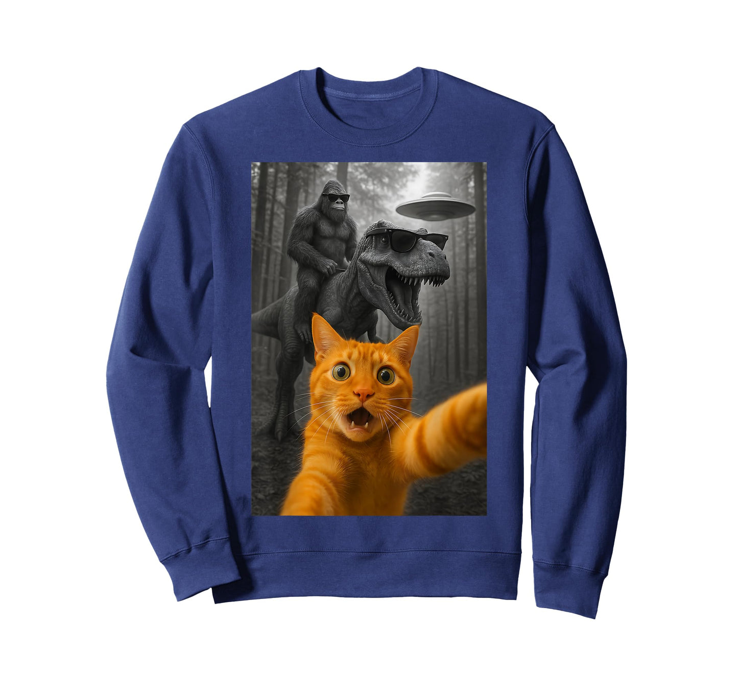 Cat Selfie with Dinosaur Bigfoot UFO Funny Graphic T-Shirt