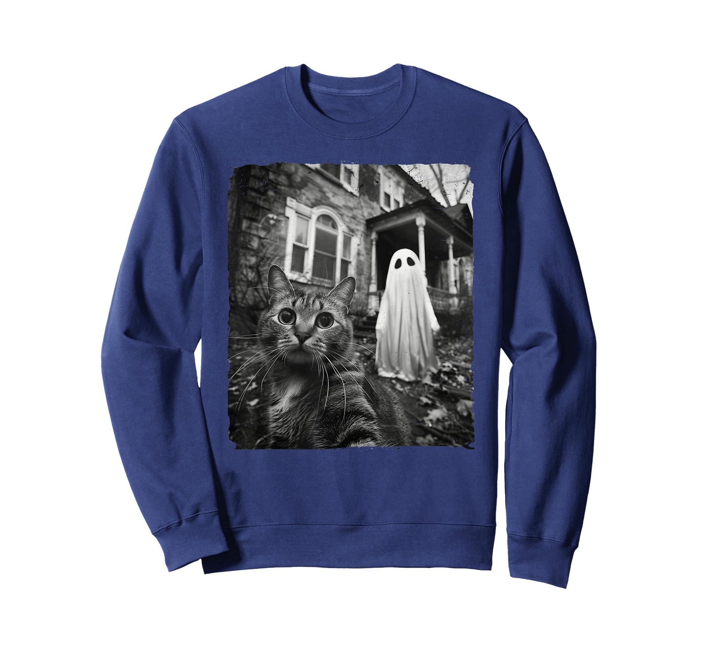 Funny Cat Selfie Ghost Halloween House Photo Haunted Spooky T-Shirt for Men Women Kids