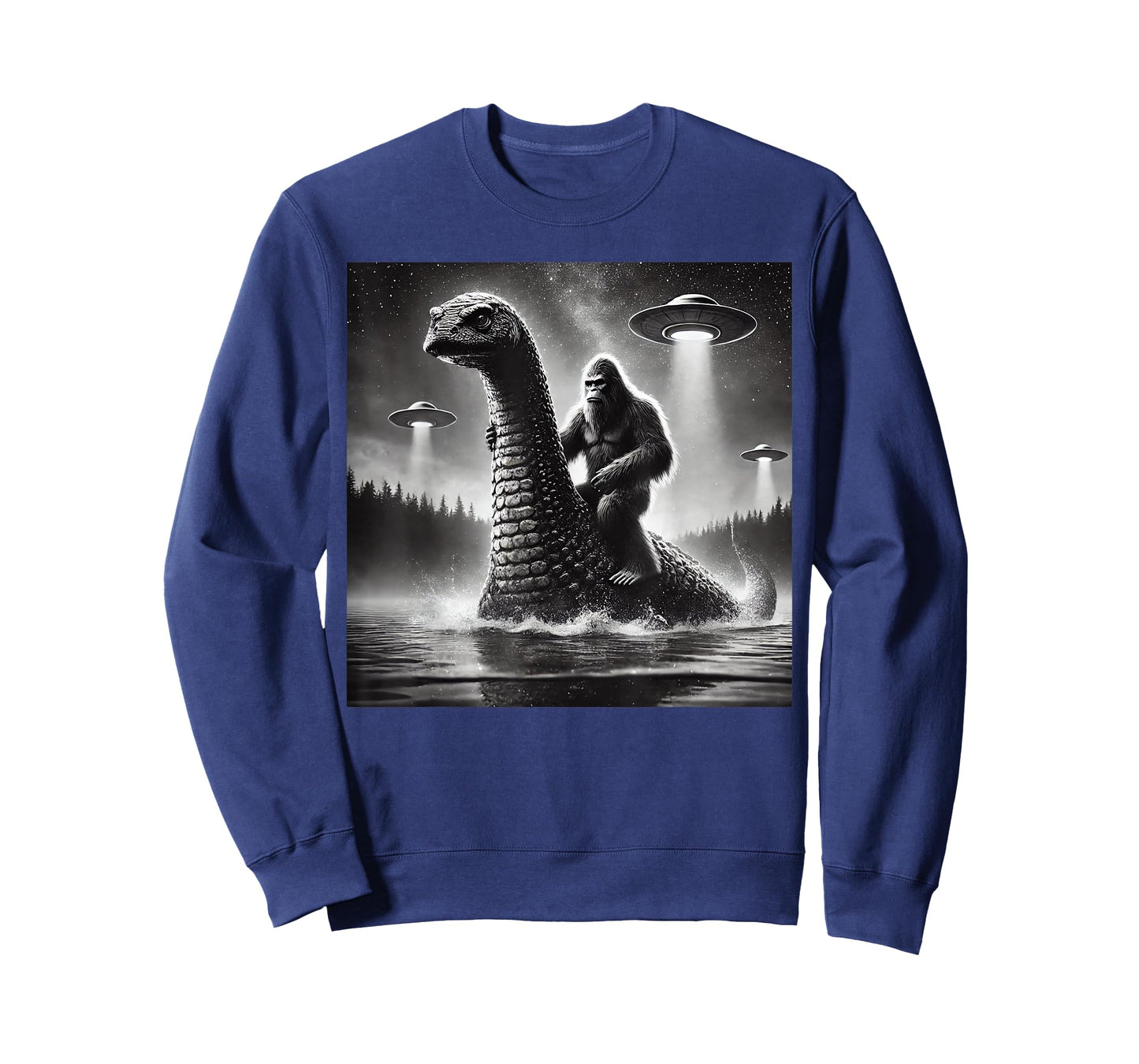 Bigfoot Riding Loch Ness Monster Alien UFO Funny Men Graphic T-Shirt