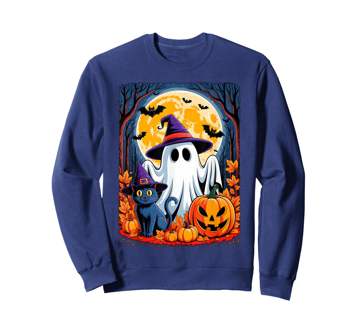 Cute Ghost Black Cat Halloween Witch Pumpkin Dark Forest T-Shirt