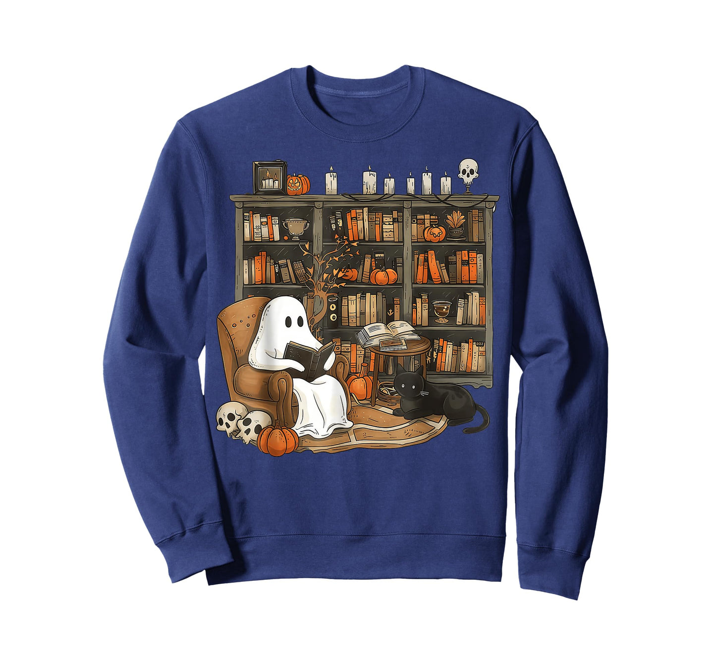 Retro Ghost Reading Books cat, Librarian Ghost Halloween T-Shirt