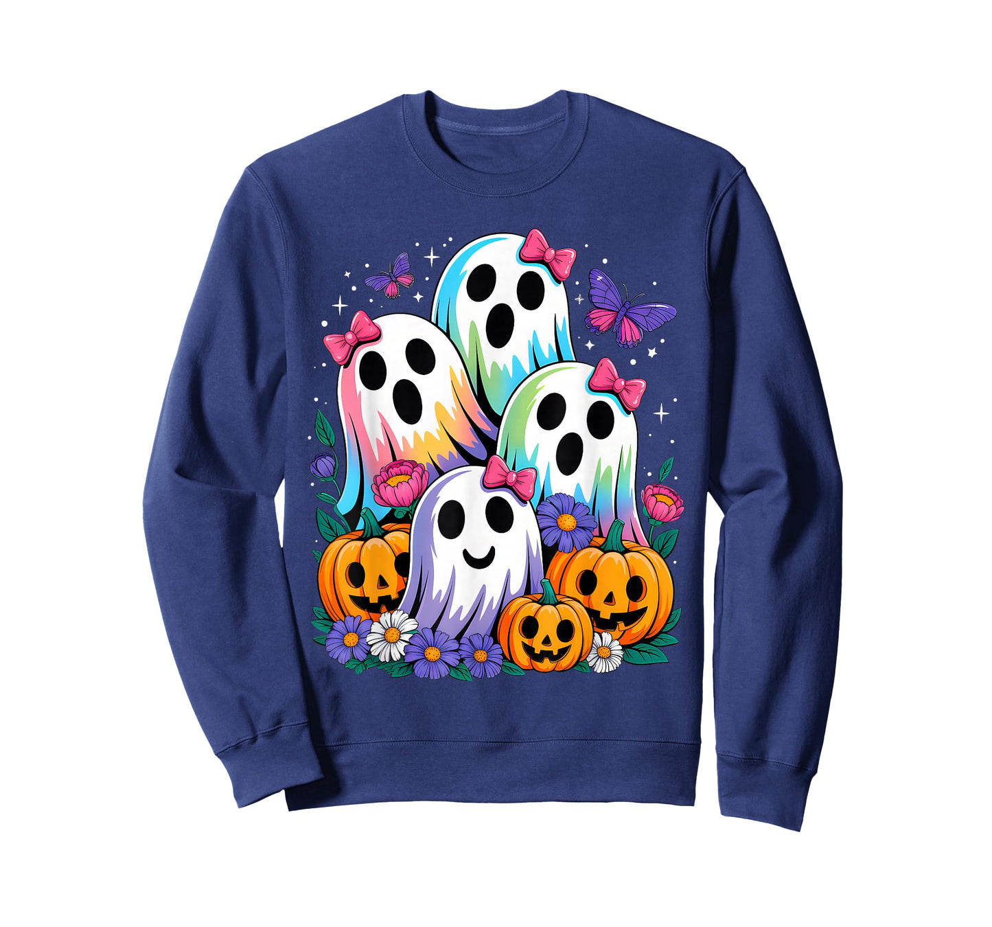 Floral Ghost Coquette Pumpkin Funny Halloween Boo Girls Kids T-Shirt