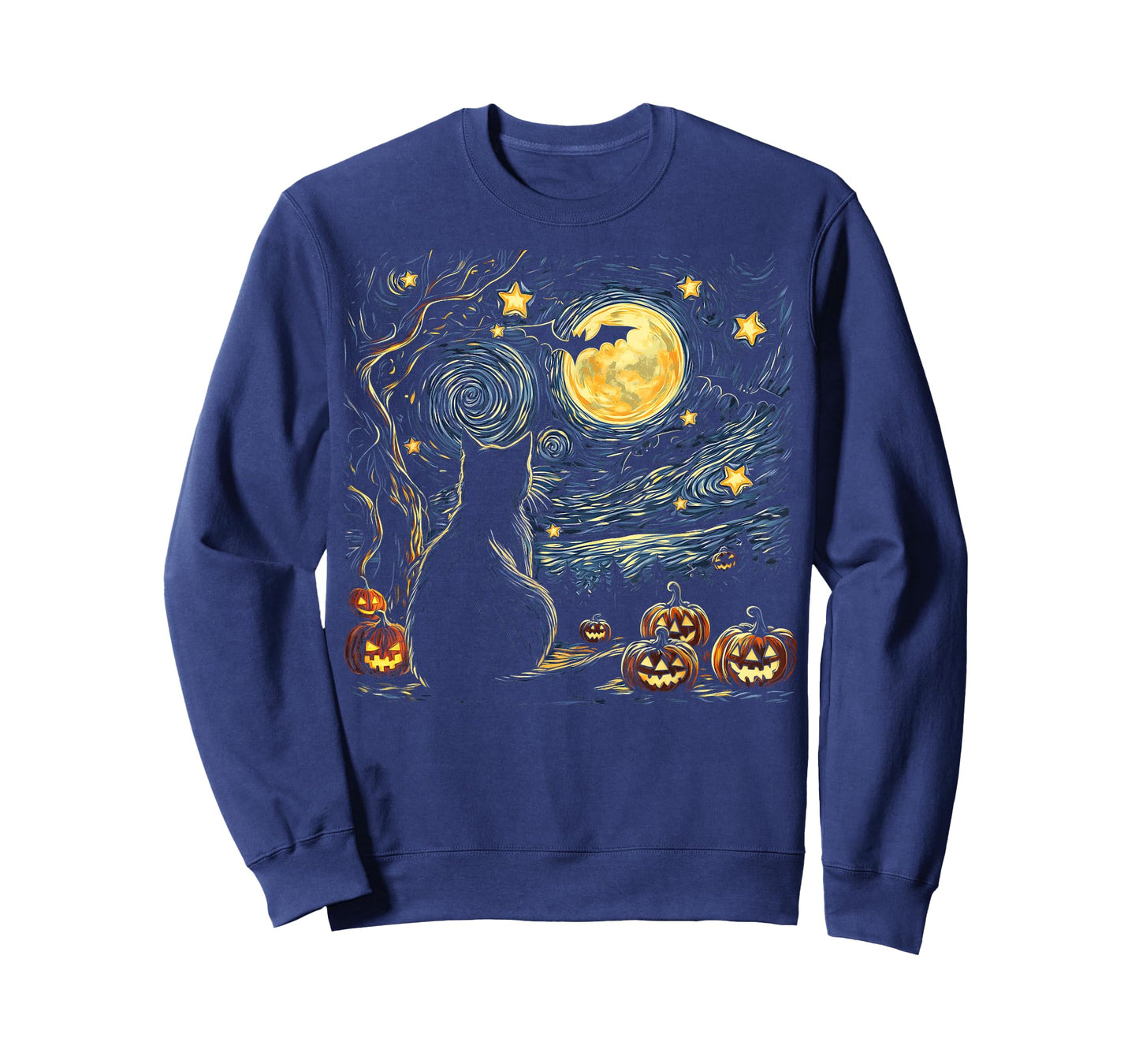 Halloween Van Gogh Starry Night Painting Black Cat Kitten T-Shirt