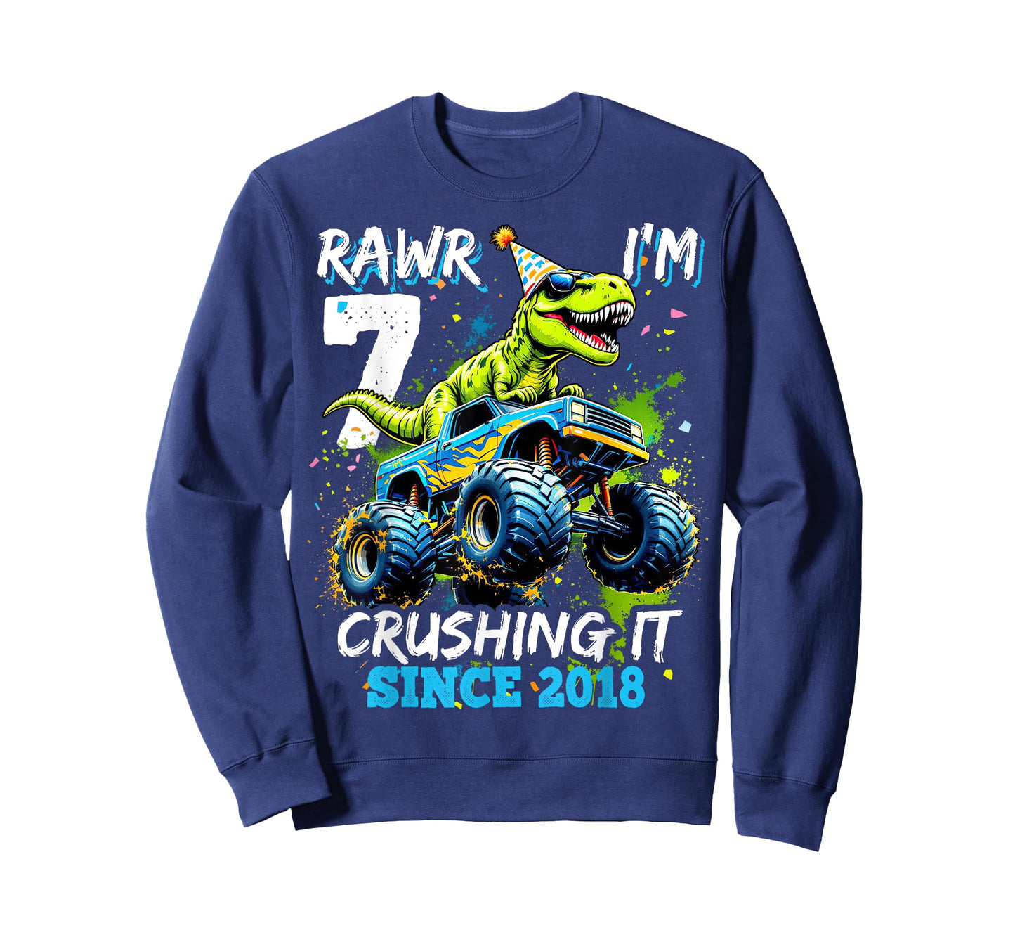 7th Birthday Monster Truck Dinosaur Party Boys Rawr I'm 7 T-Shirt