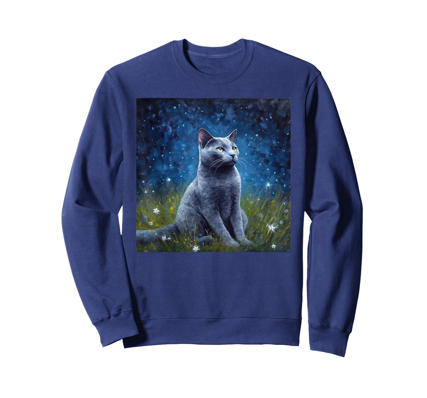 Cute Russian Blue Cat In A Starry Sky Night Painting T-Shirt