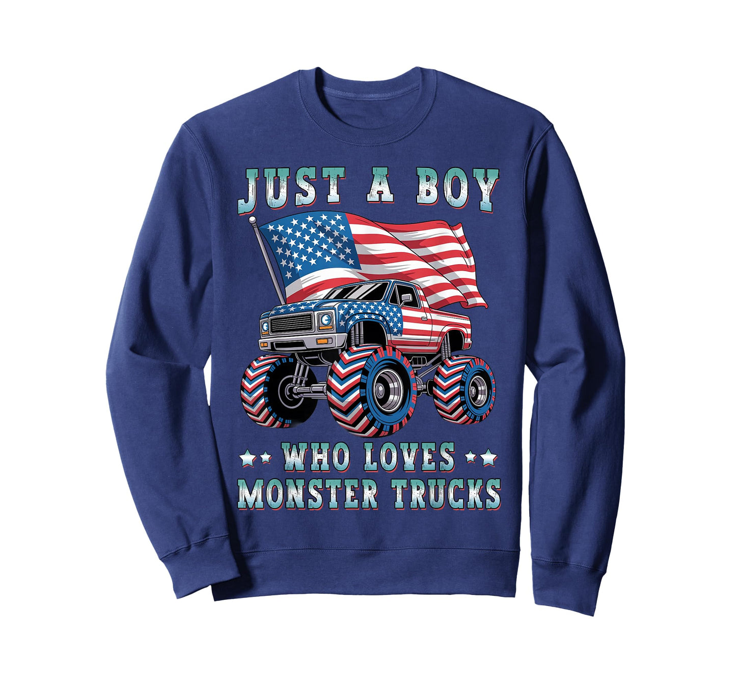 Just A Boy Who Loves Monster Trucks American Flag Kids Boys T-Shirt