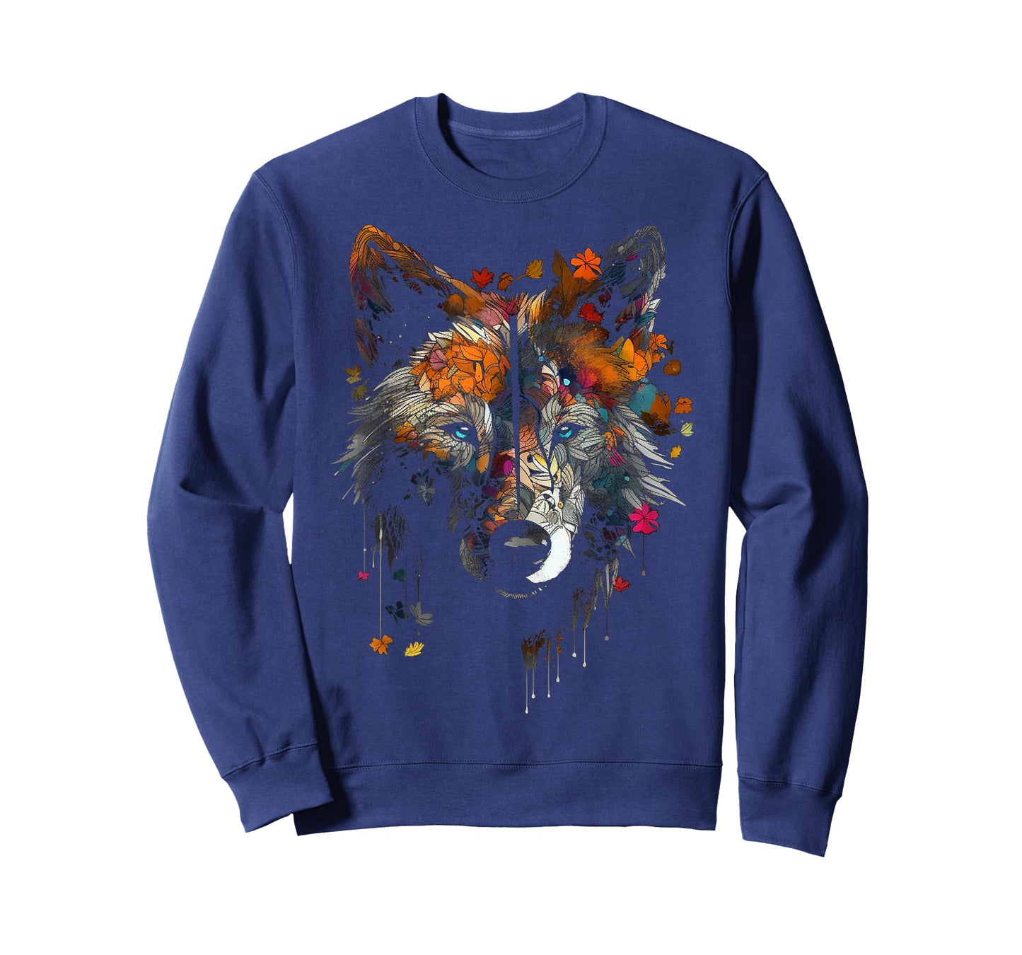 Wolf Autumn Leaves - Blue Eyes - Animal Art Motif Wolf T-Shirt