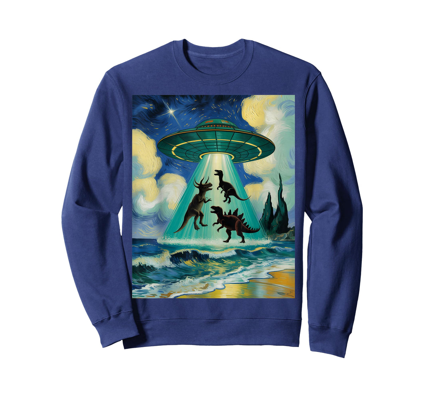 Starry Night Alien UFO Abduction Dinosaurs Van Gogh Art T-Shirt