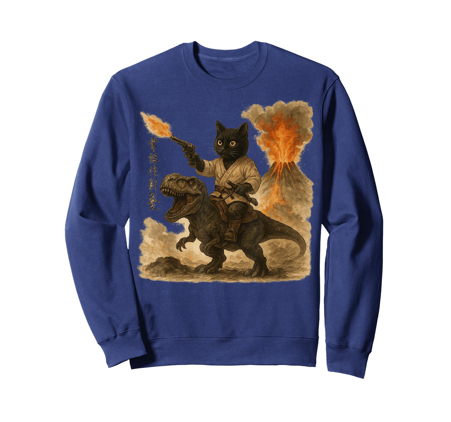 Samurai Cat Riding Dinosaur Japanese Black Cat Kanji T-Shirt