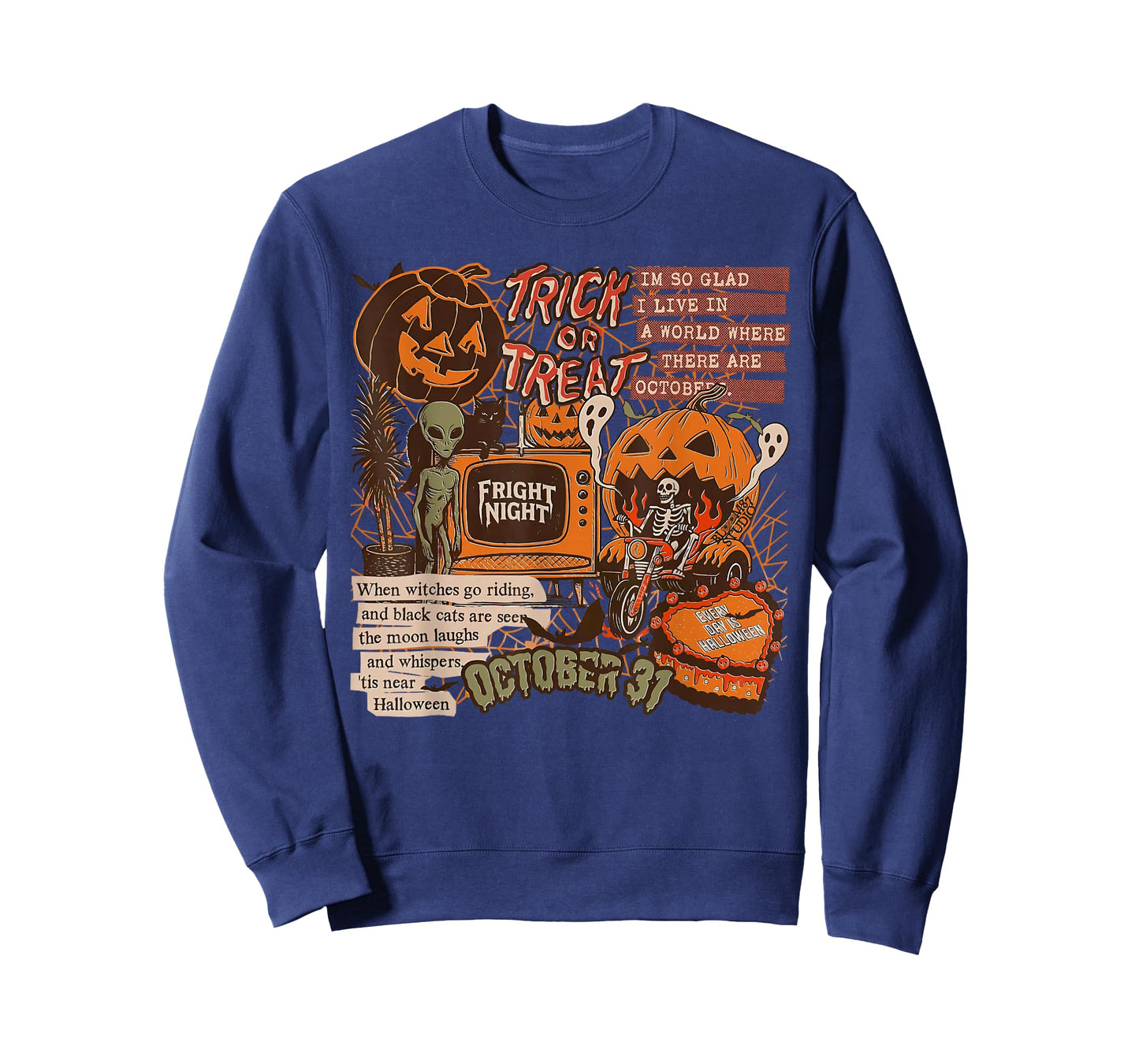 Fright Night Halloween Skeletons Aliens Pumpkins Black Cats T-Shirt