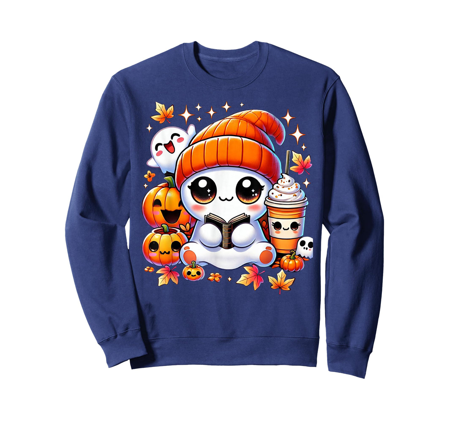 Cute Ghost Reading Book Pumpkins Fall Chocolate Halloween T-Shirt