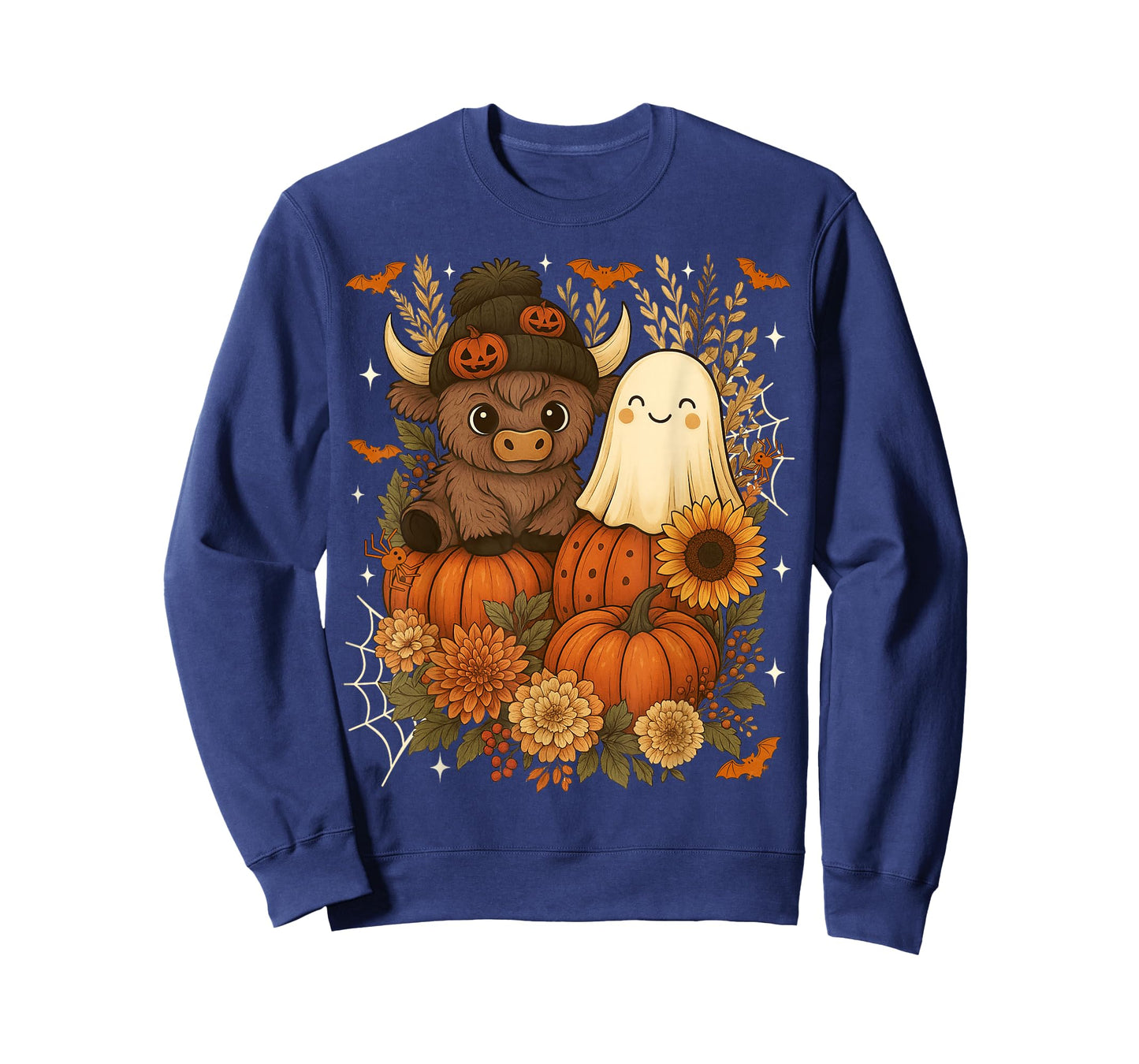 Retro Cute Fall Highland Cow Ghost Pumpkin Spooky Halloween T-Shirt