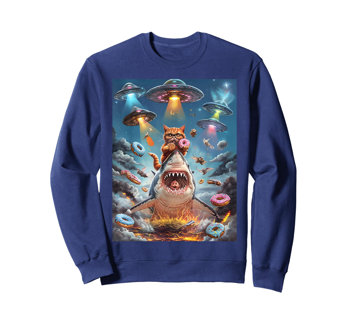 Funny Cat Riding Fire Breathing Shark Rainbow Birthday Kids T-Shirt
