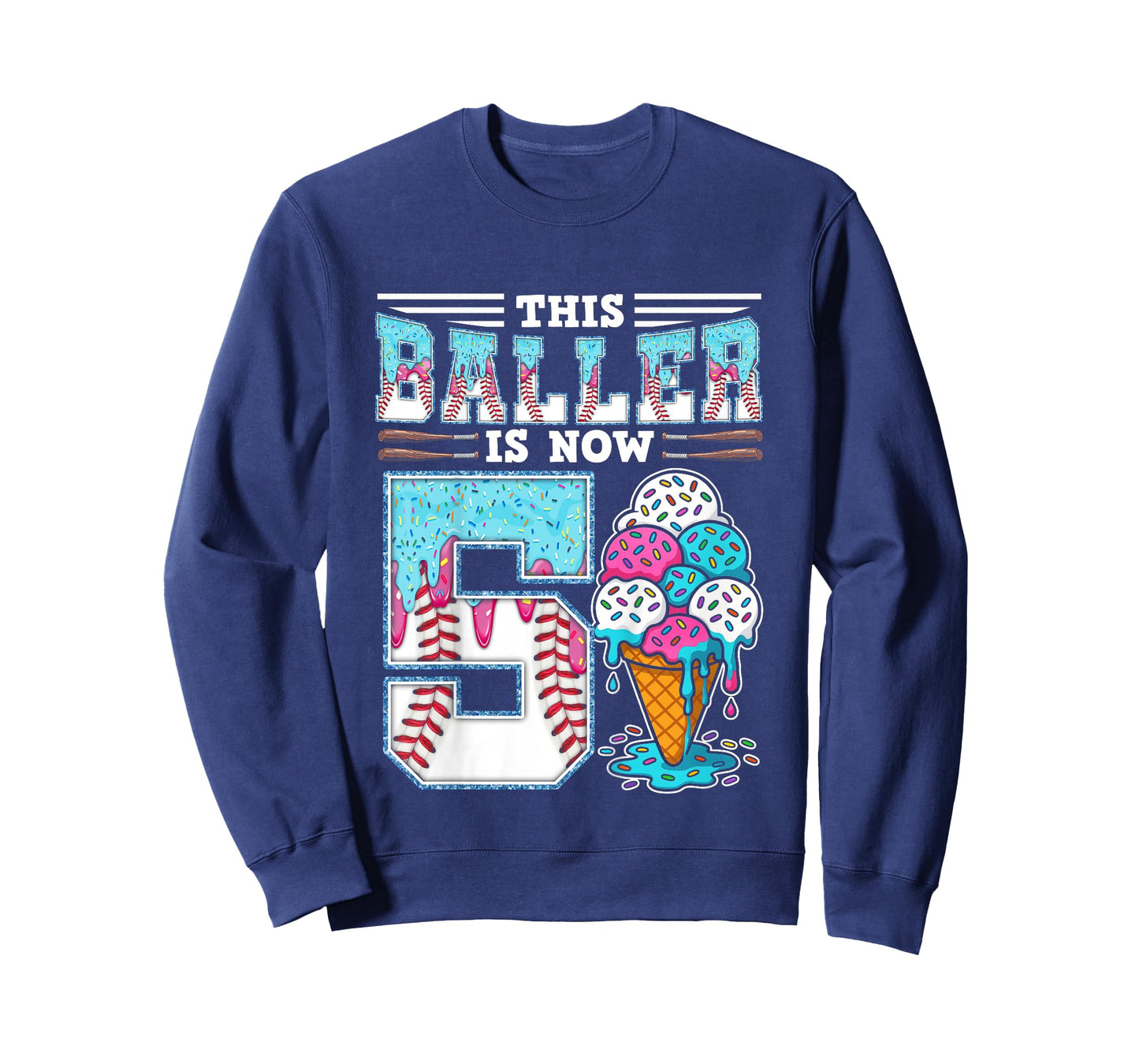 Kids Baller Is Now 5 Year Ice Cream Drip 5th Birthday Baseball T-Shirt