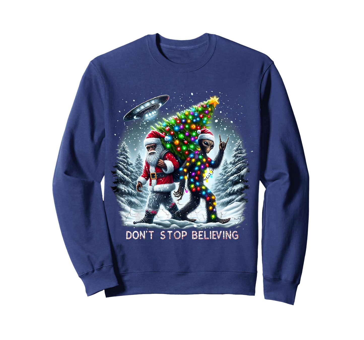 Believe Funny Alien and Santa Christmas Design T-Shirt