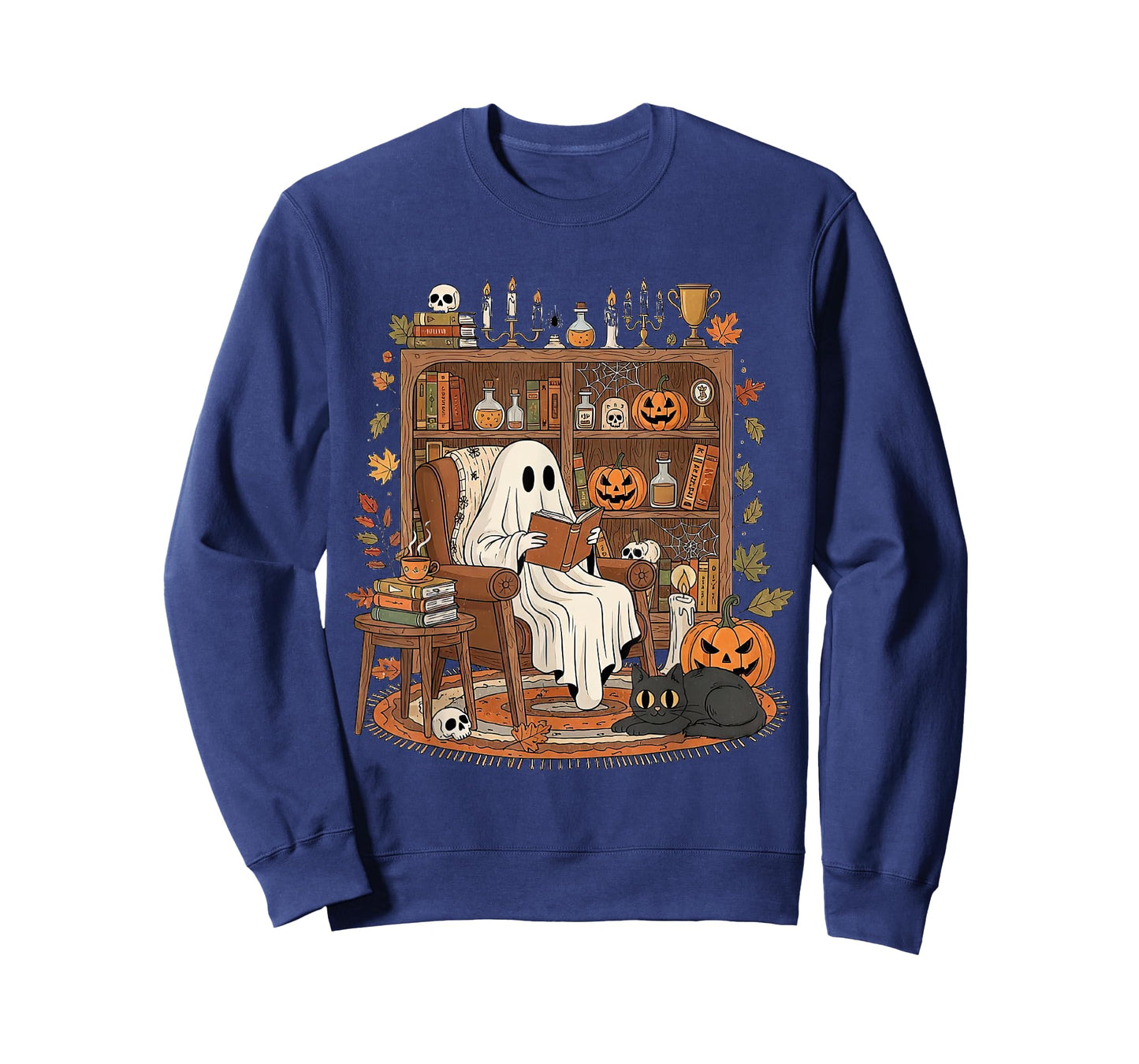 Retro Cozy Ghost Reading Bookish Librarian Halloween T-Shirt
