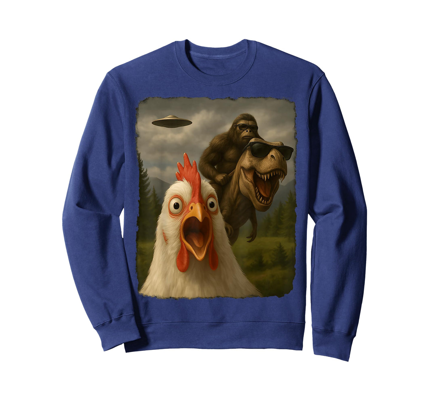 Funny Chicken Selfie Bigfoot Sasquatch Riding T-Rex UFO T-Shirt