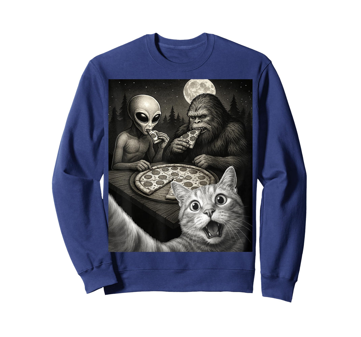 Funny Selfie of Cat With Bigfoot Eating Pizza With An Alien T-Shirt