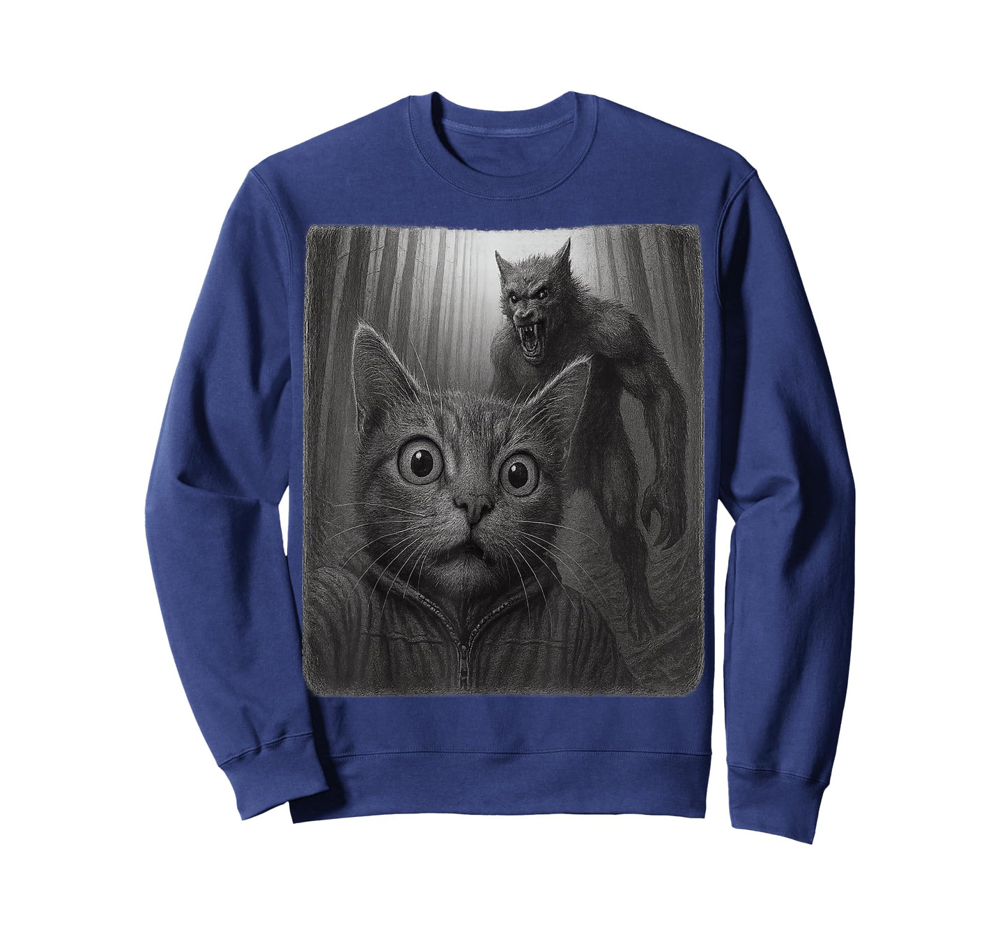 Funny Scared Cat Taking A Selfie with Cryptid Wolfman T-Shirt