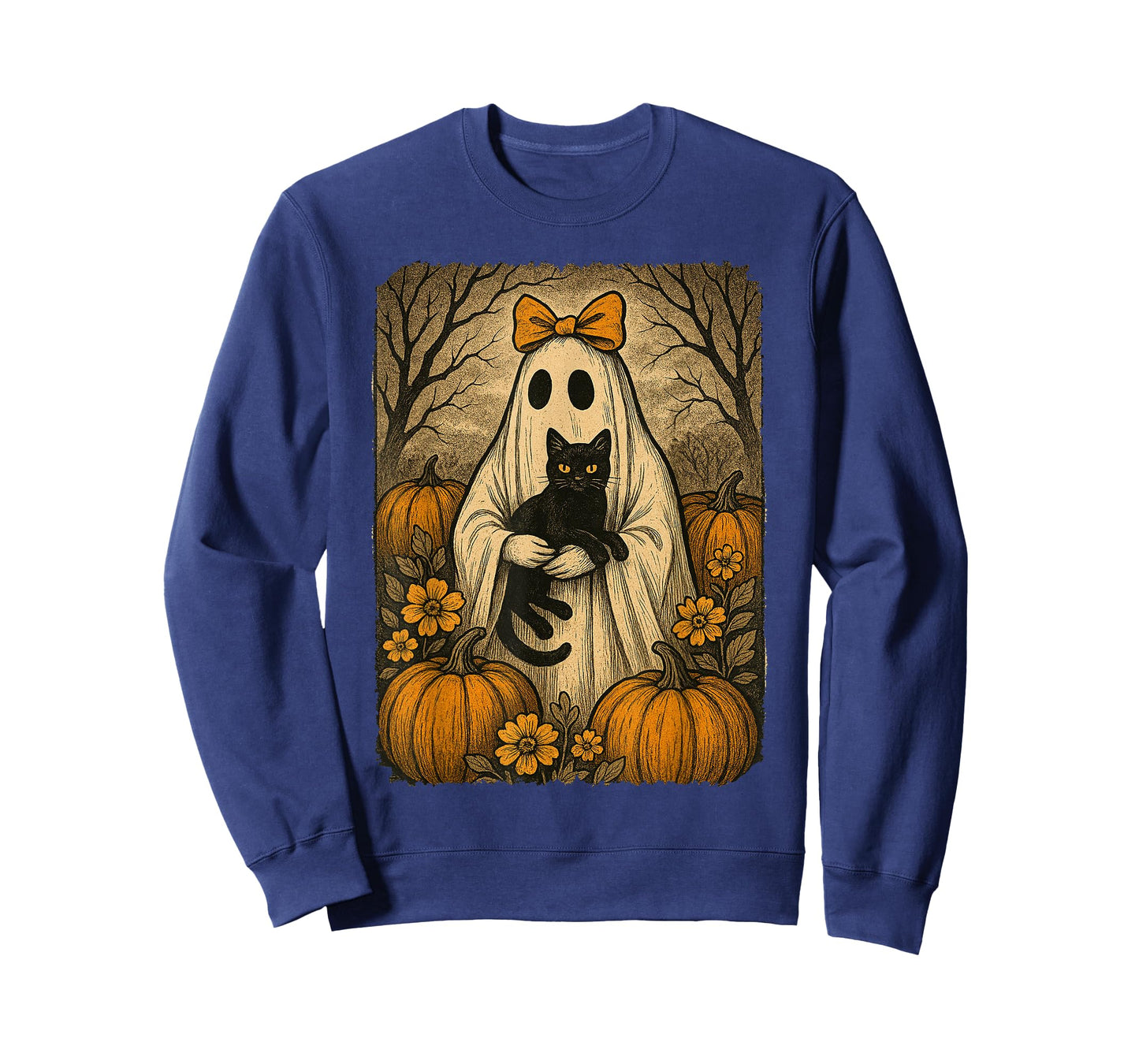 Vintage Halloween Ghost Holding Black Kitten Cat Floral T-Shirt