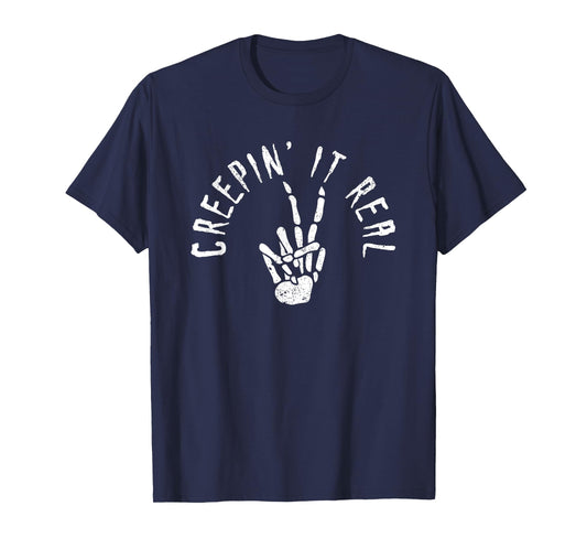 Creepin' It Real Funny Halloween Skeleton Bone Hand Sign T-Shirt