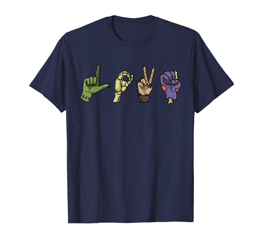 Halloween ASL LOVE Hand Sign Monsters Scary Creatures T-Shirt