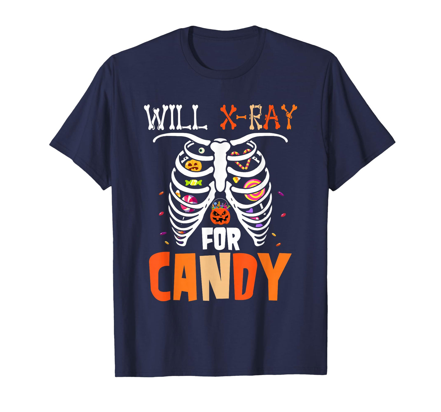 Will X-Ray for Candy Halloween Candy in Skeleton Rib Cage T-Shirt