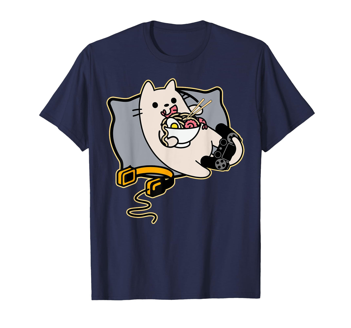 Nerdy Ramen Eating Gamer Cat Game Paused T-Shirt