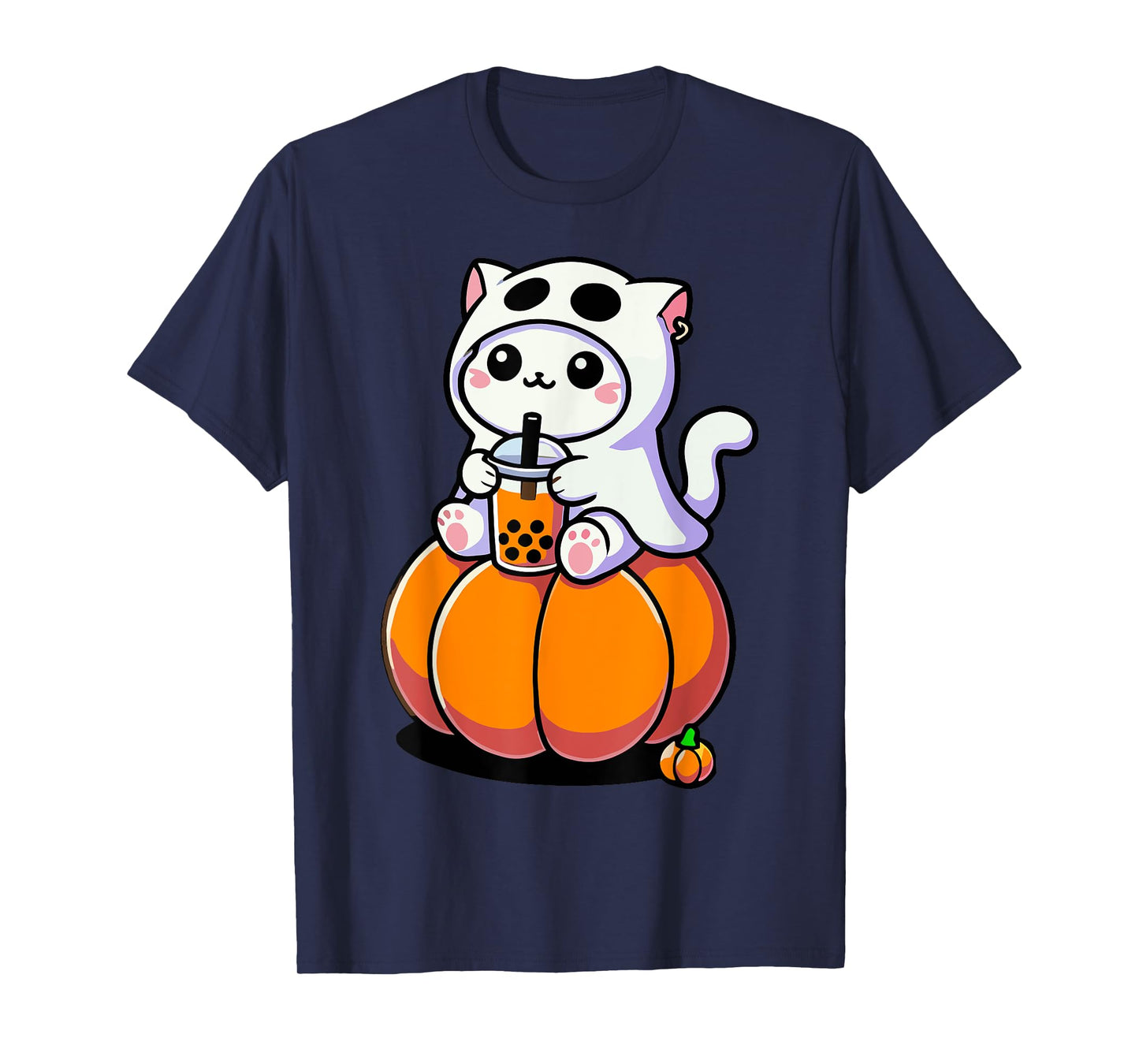 Cute Halloween Cat in Ghost Costume Drinking Boba Tea Tees Men Women Kids T-Shirt