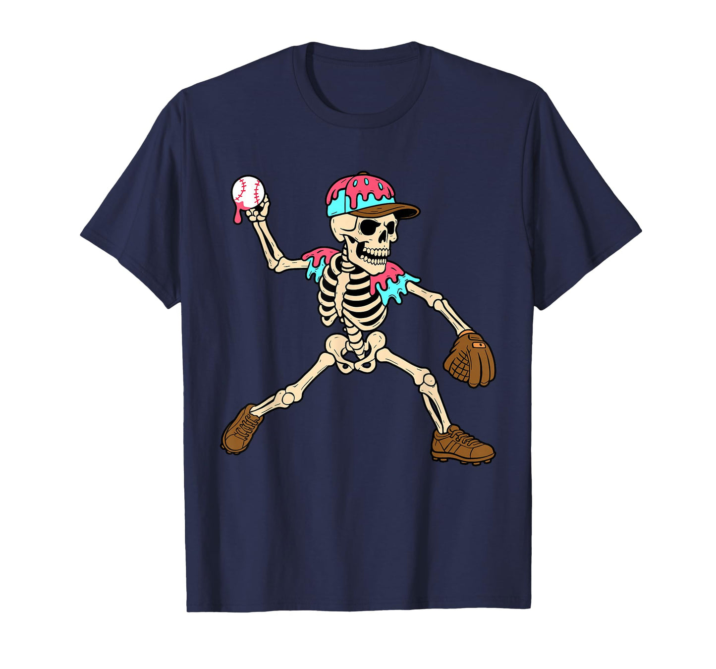 Skeleton Ice Cream Drip Baseball Sport Player Halloween T-Shirt