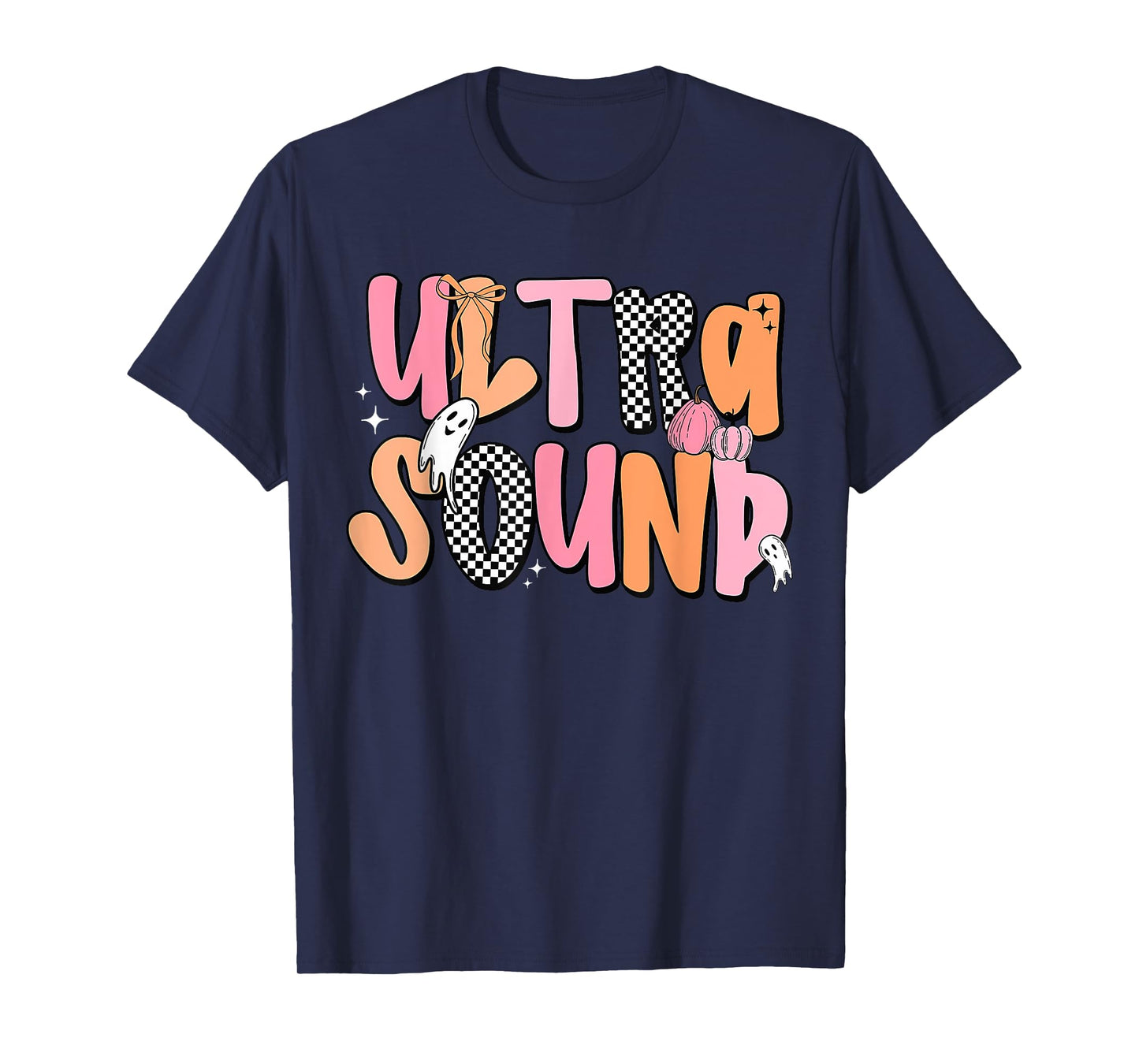 Retro Checkered Ultrasound Tech Halloween Pumpkin Ghost Bow T-Shirt