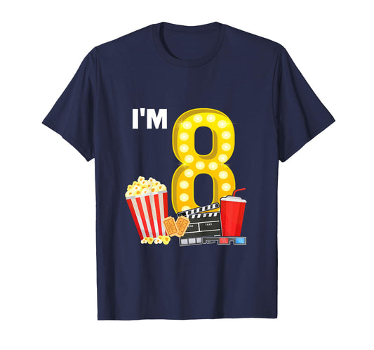 8th Birthday Movie Night Popcorn 8 Years Old Cinema T-Shirt