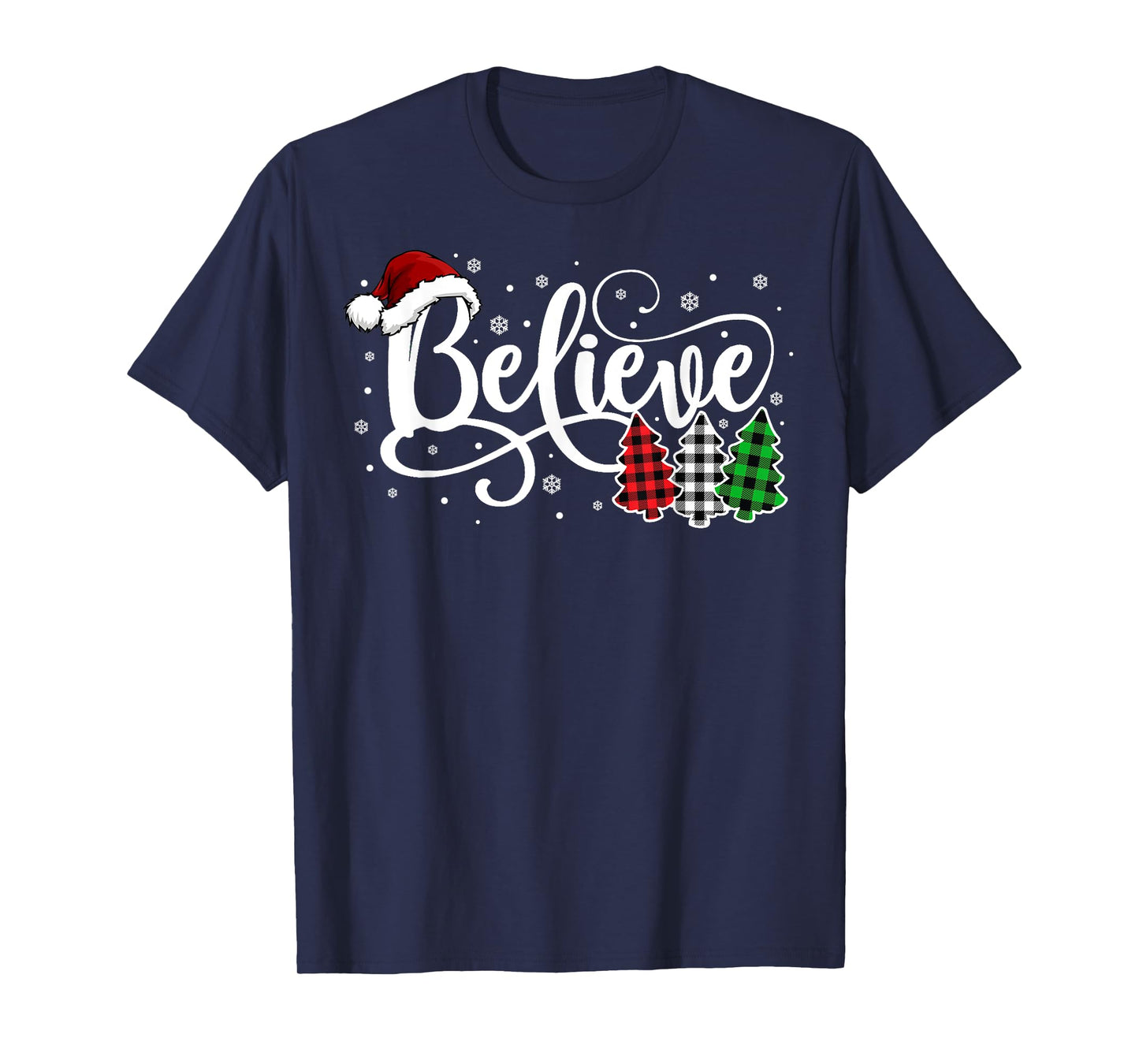 Christmas Believe Santa Claus Xmas Tree Family Buffalo Plaid T-Shirt