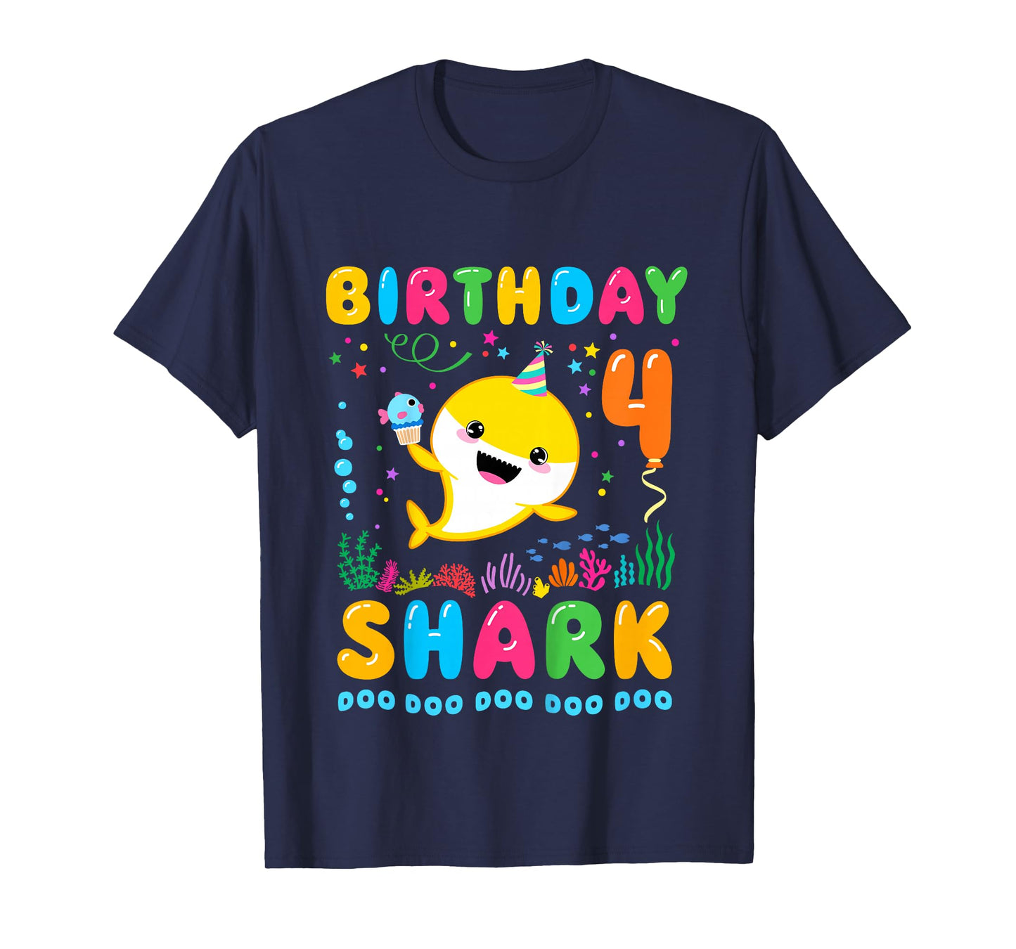 Kids Birthday Shark 4 Year Old Boy or Girl 4th Bday Kawaii T-Shirt