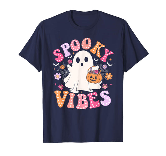 Spooky Vibes Ghost Retro Groovy Halloween Women Girls Kids T-Shirt