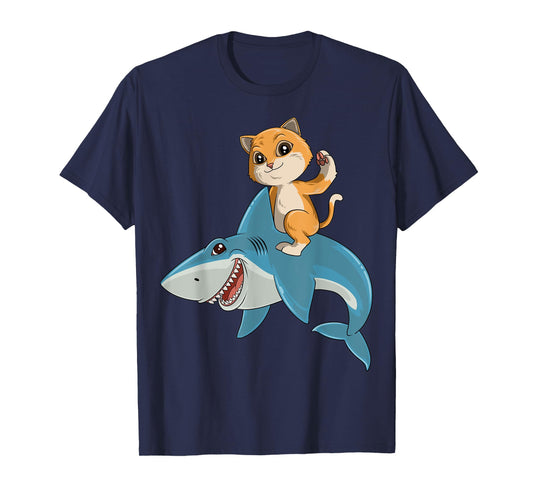 Cat Riding Shark Cat Lovers Shark Lovers T-Shirt for Men Women Kids