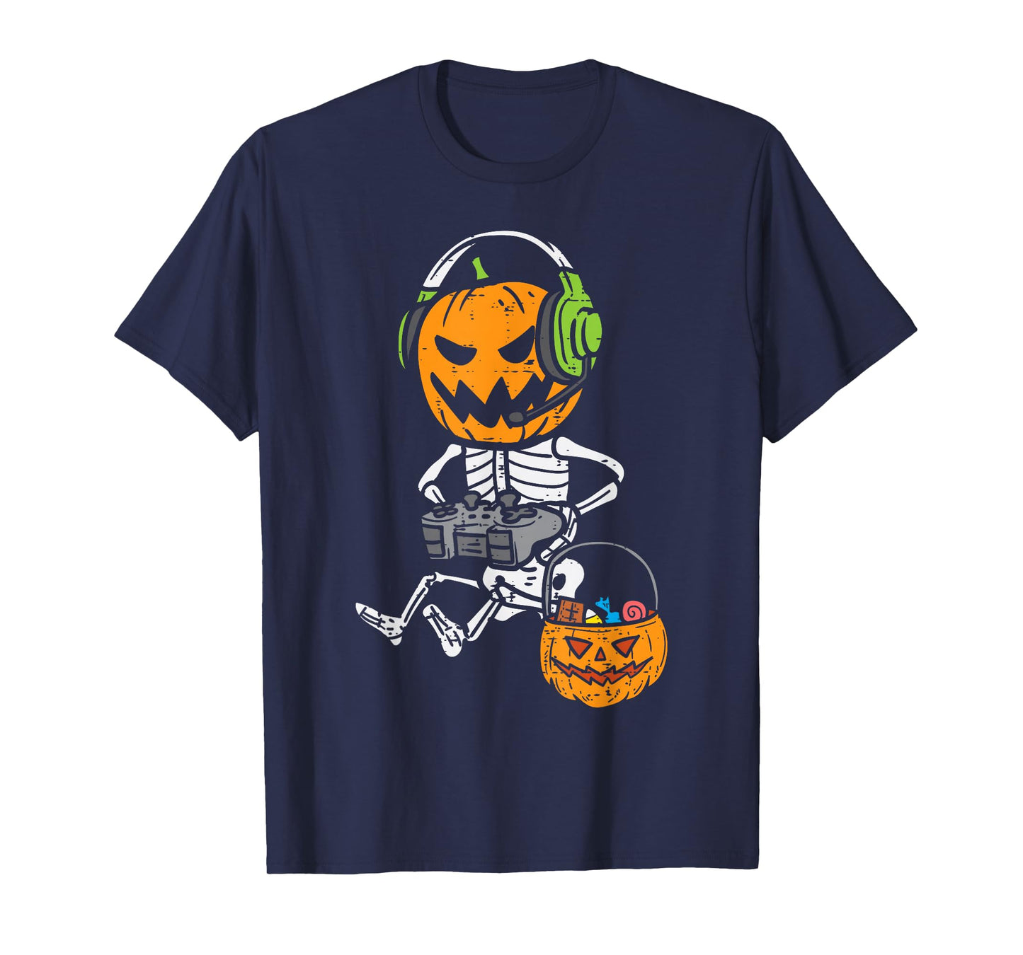 Gamer Pumpkin Skeleton Funny Halloween Gaming Boys Men Kids T-Shirt
