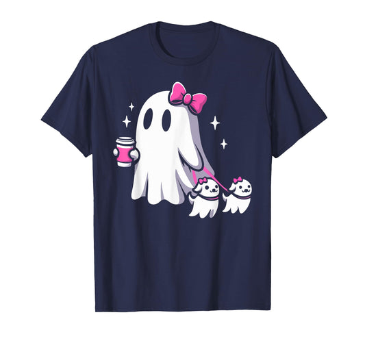 Halloween Cute Ghost Walking Dog Spooky Pink Coquette Ghost T-Shirt