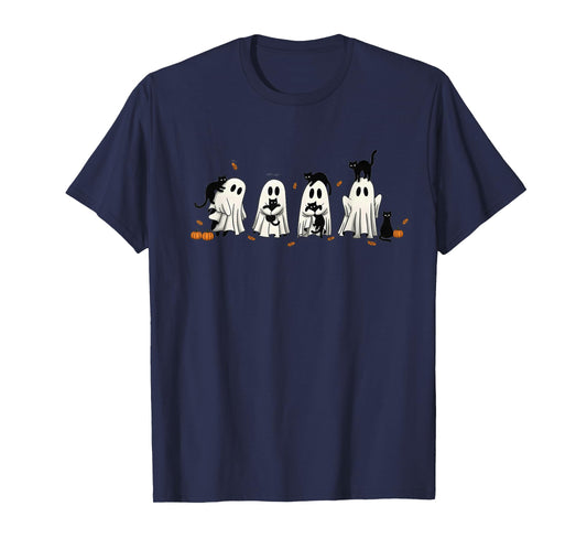 Halloween Black Cat and Ghost Spooky Season Cute Autumn T-Shirt