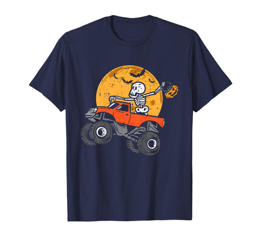 Kids Skeleton Monster Truck Moon Candy Toddler Boys Halloween Kid T-Shirt