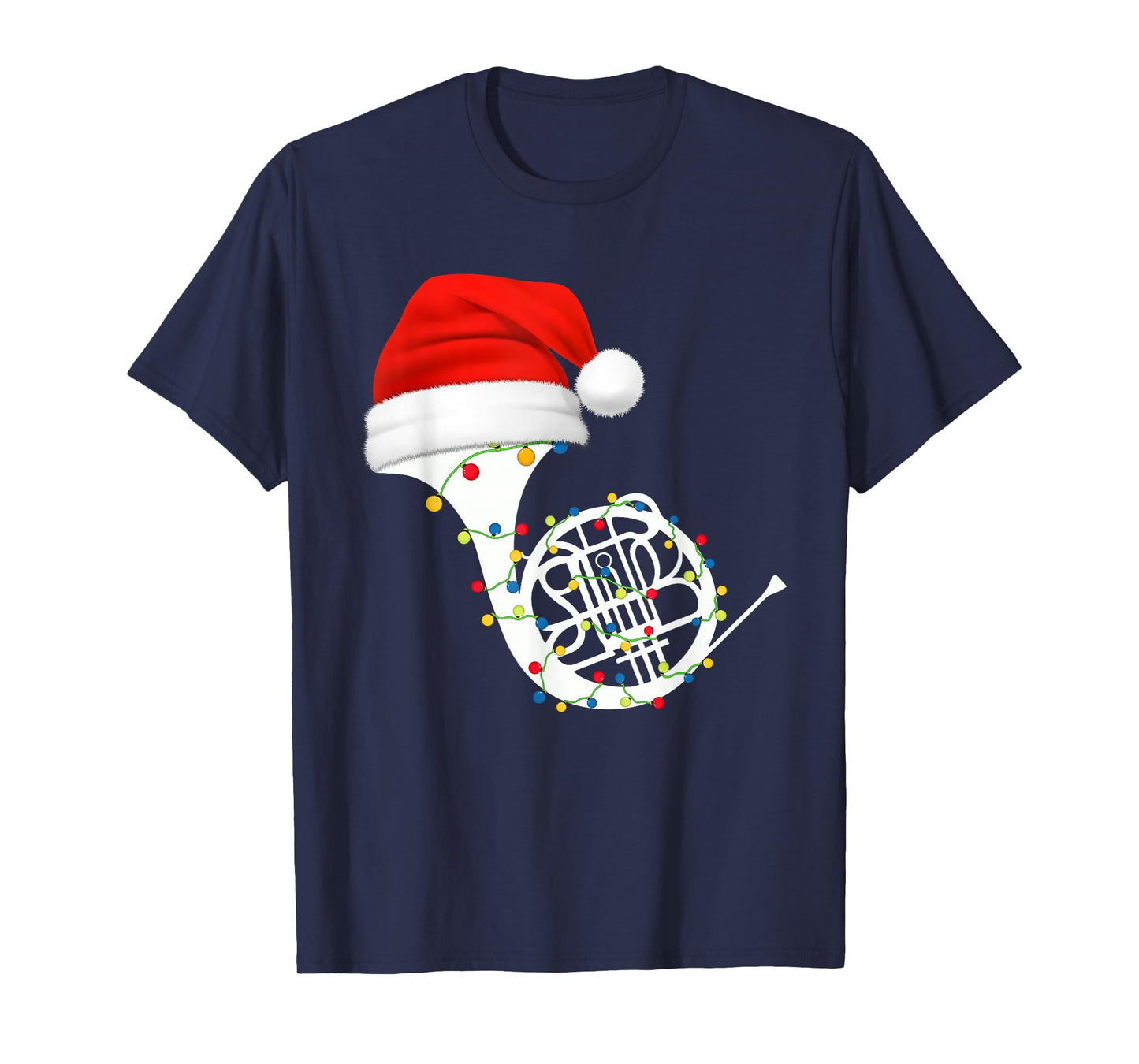 French Horn Christmas Santa Hat Lights Music Lover Xmas T-Shirt