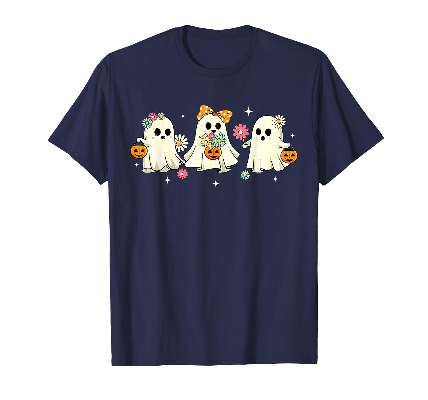 Cute Ghost Floral Groovy Vintage Halloween Spooky Season T-Shirt