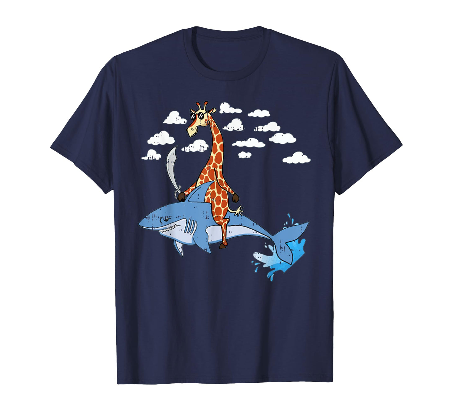 Giraffe Pirate Riding Shark Sword Cute Animal Halloween Gift T-Shirt