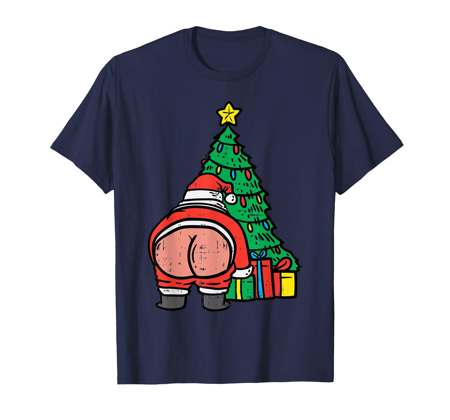 Santa Butt Christmas Tree Presents Funny Xmas Holiday PJ T-Shirt