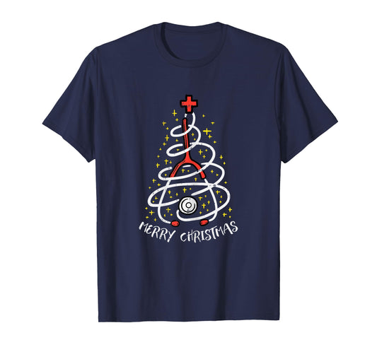 Merry Christmas Nurse Xmas Scrub Top Women Stethoscope T-Shirt